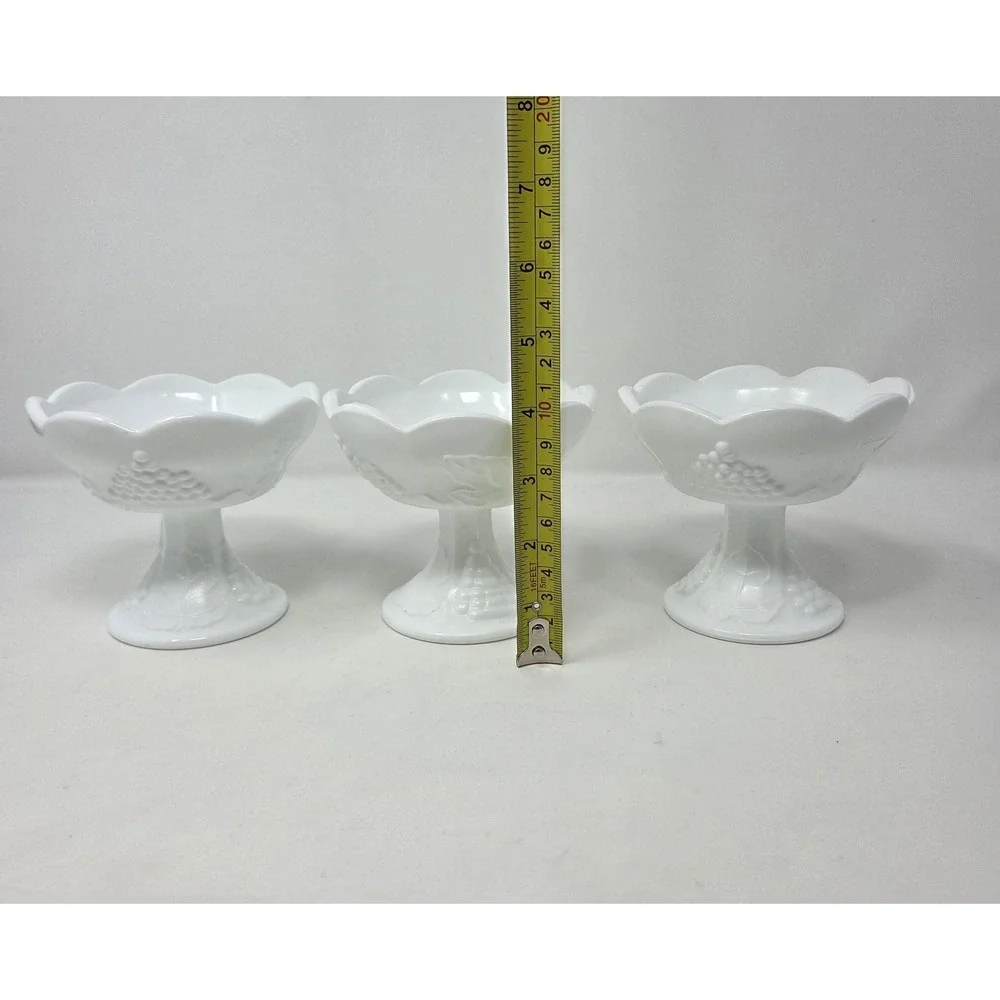 Vintage Indiana Colony Harvest Grape Milk Glass Footed Candle Holders Set 3